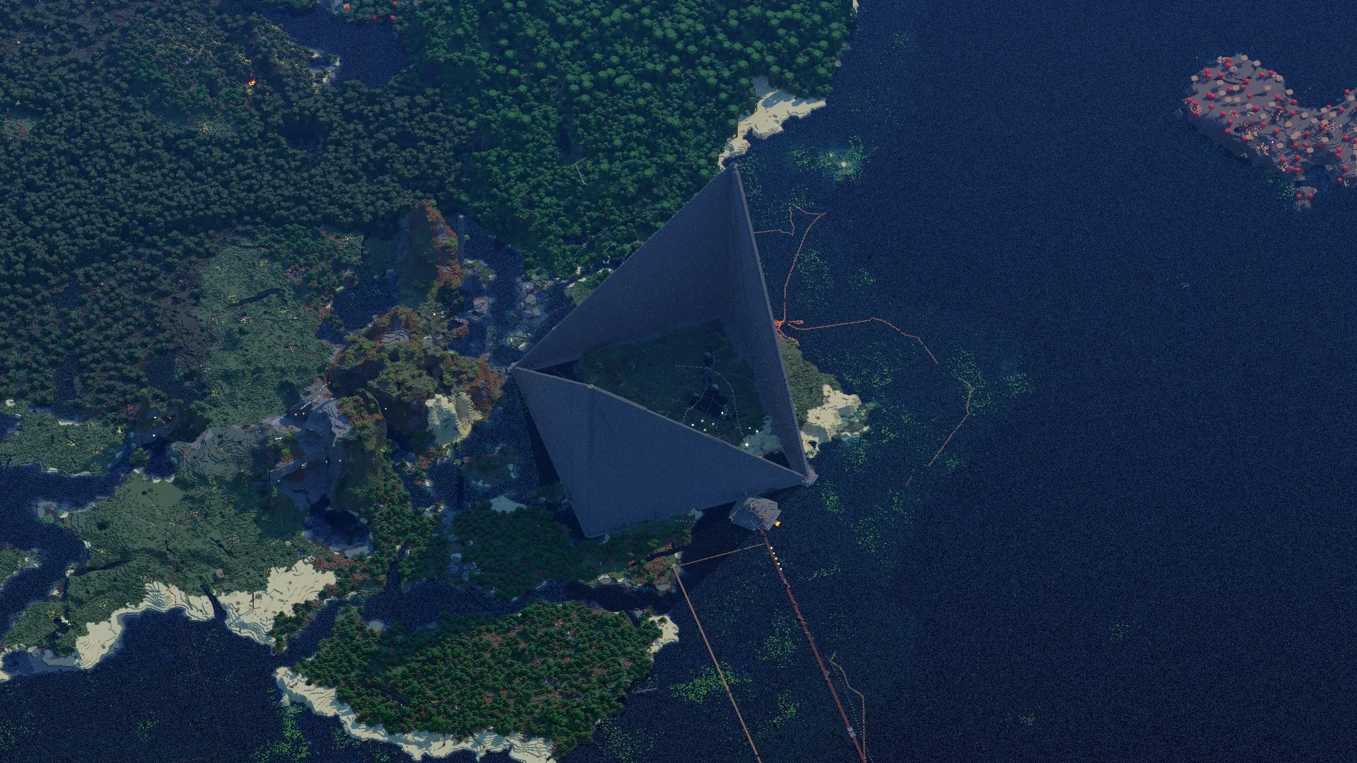 Aerial path-traced render of the 2 Paws 1 Job (2p1j) anarchy Minecraft server world — a massive player-built pyramid ...